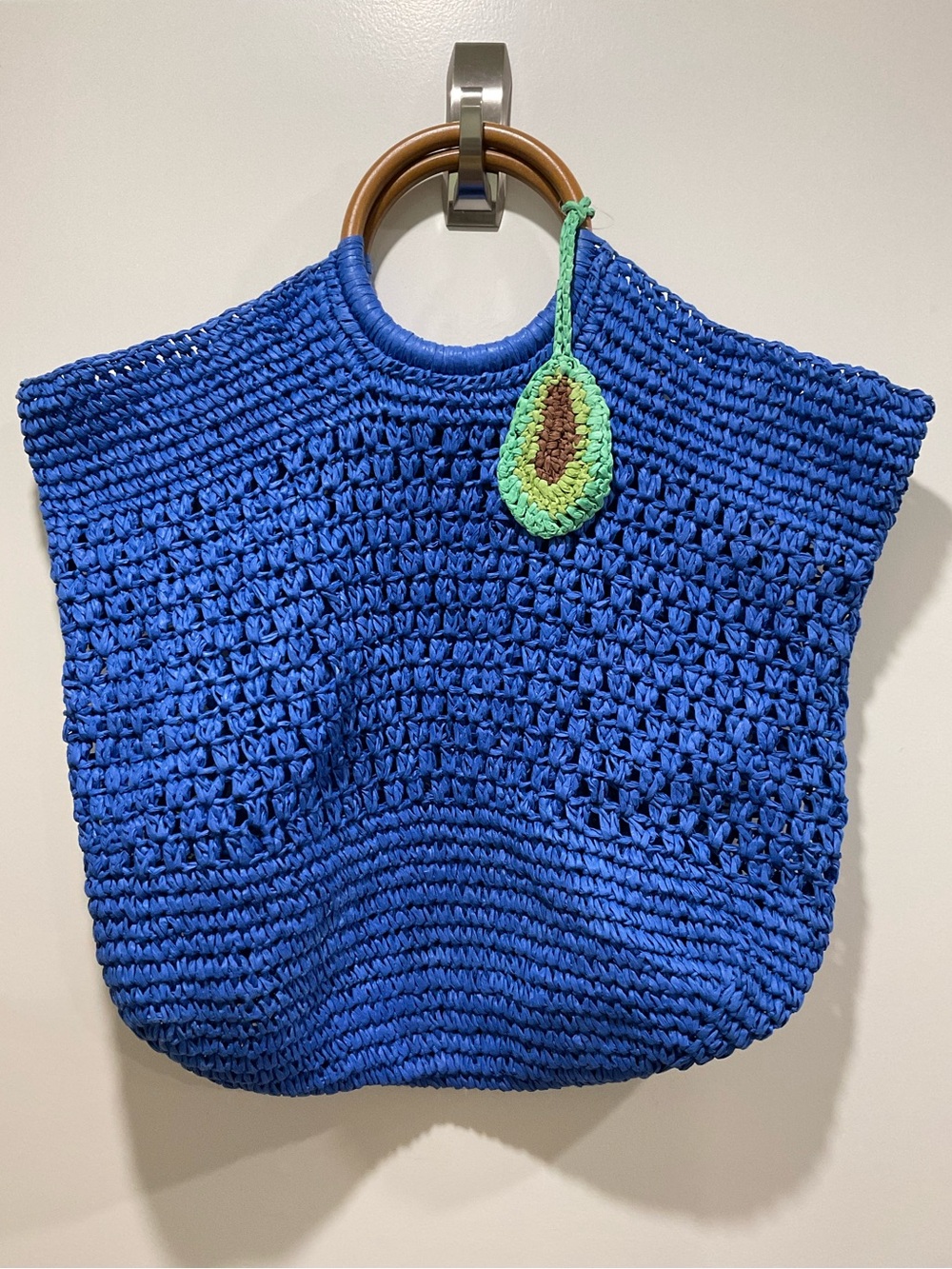 Blue Crochet Tote Bag with Wooden Handles